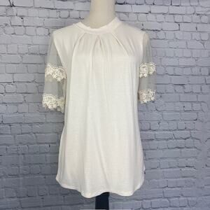 Willow Lace Sleeve Keyhole Button Blouse Cream Crew Neck Top Women's X- Large